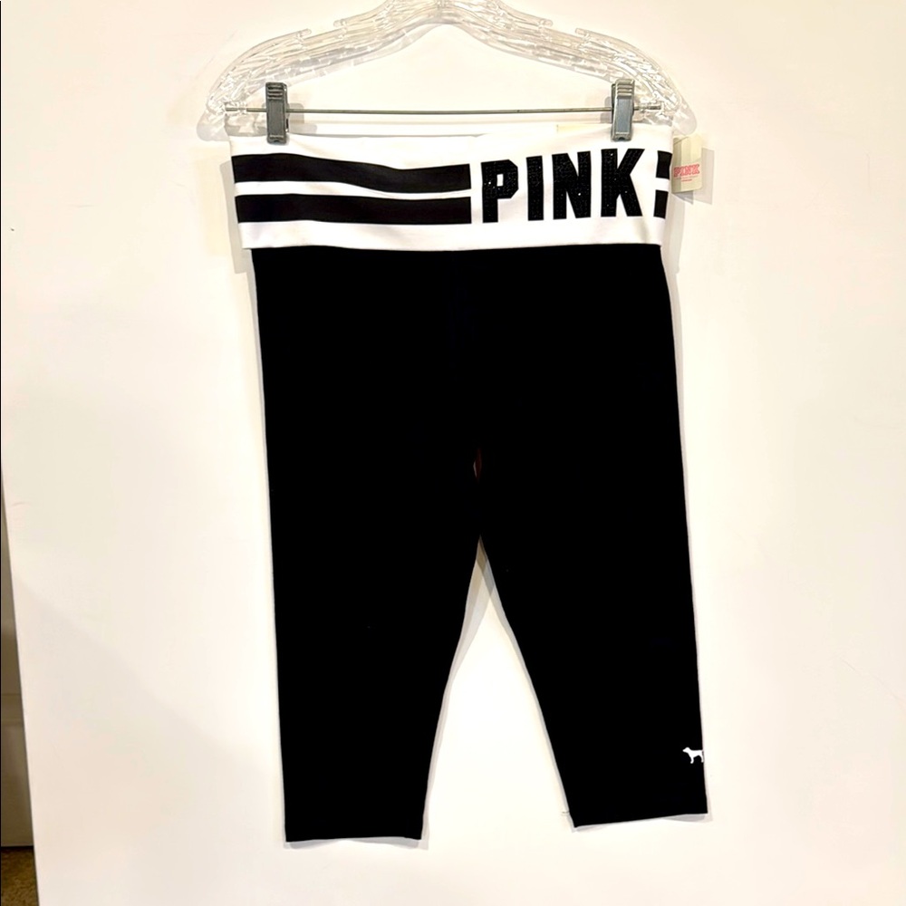 PINK Victoria's Secret VS Yoga Foldover Crop Leggings M Black White Bling Logo